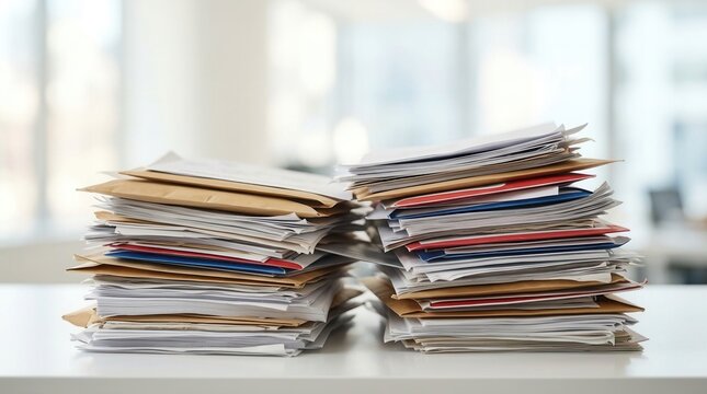 A large, unorganized volume of mail and files in stacked papers symbolizing administrative tasks and financial stress.
