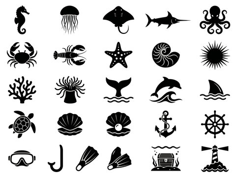 Marine life and nautical equipment black silhouette icon set