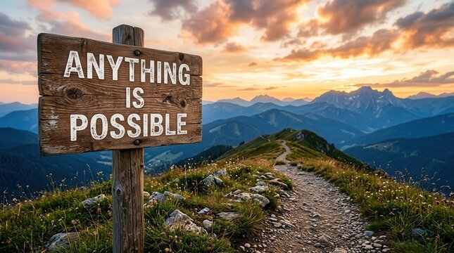 Anything is possible signpost on mountain path during sunset, symbolizing new opportunities and optimistic future vision