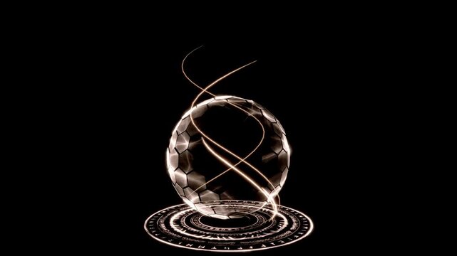 Stylized magical energy sphere with an arcane barrier, glowing magic circle and swirling energy ribbons on black background.