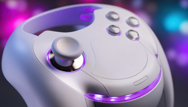 White game controller macro futuristic matte joystick button close up with purple neon light sleek gaming device on dark blurred background modern electronic entertainment accessory