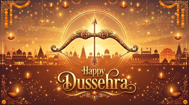 Happy Dussehra Festival Greeting with Ornate Bow and Arrow on Glowing Orange Background