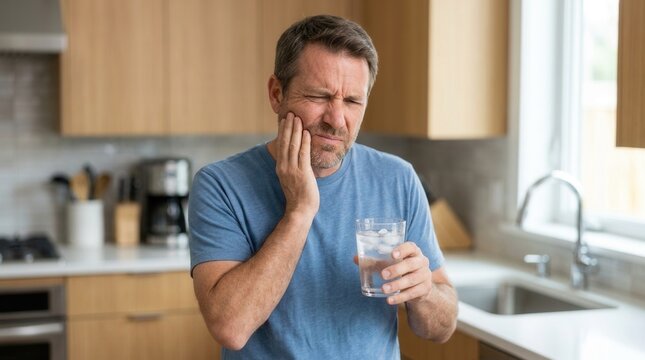 Mature man in the kitchen feeling intense pain from drinking cold water with ice due to tooth sensitivity