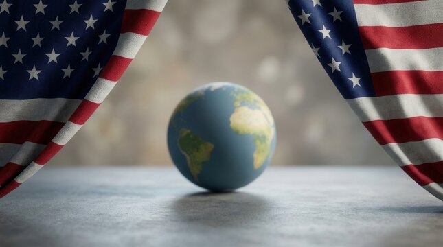 Planet Earth globe revealed by dramatically opening American flags, illustrating US global power, patriotism, and world affairs