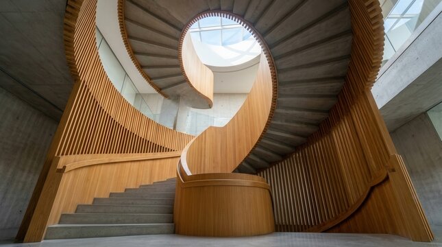 A sculptural spiral staircase crafted from concrete and warm wood slats in modern architecture