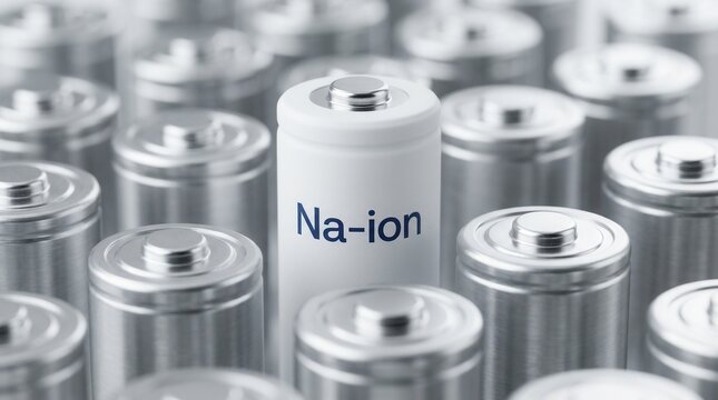 An array of sodium ion cylindrical cells with one in focus, symbolizing advancements in energy storage alternatives and future power solutions