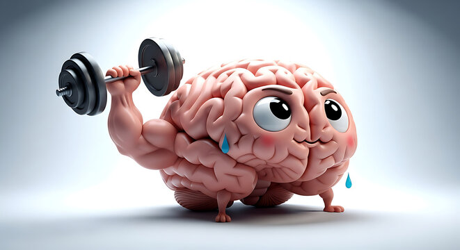 Cartoon brain character exercises with a dumbbell weight to build mental fitness.