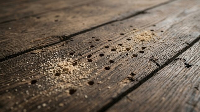 Wooden floorboards severely damaged by woodworms and pests, showing frass and holes in decaying timber surface