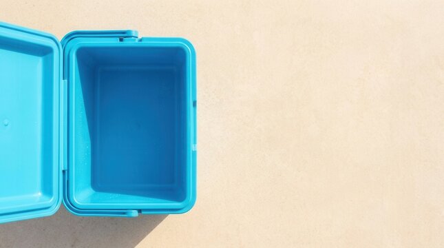 Open empty blue cooler box on a hot day for keeping drinks cold, ready for beach, picnic, or travel