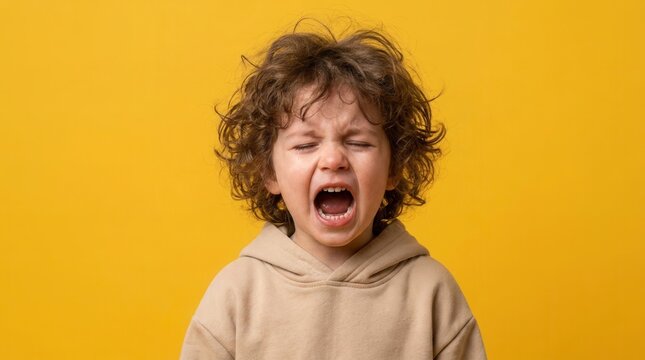 Headshot of a kid having a tantrum, showing overwhelming emotion and screaming with frustration or anger