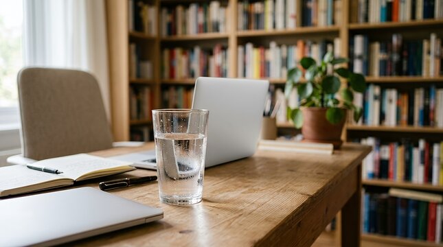 A cozy home office setup with a laptop and a glass of water on a wooden desk.