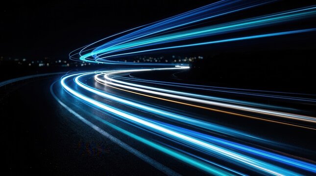 Abstract blue speed light lines and motion blur effect on a curved highway road at night