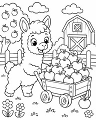 Naklejka premium Cute cartoon llama pushing a wooden cart full of apples on a farm coloring page for kids