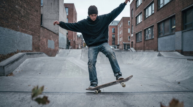 Teenager skateboard urban skatepark trick balance Teenager skateboarding in urban skatepark, doing trick on concrete ramp between brick building, casual streetwear