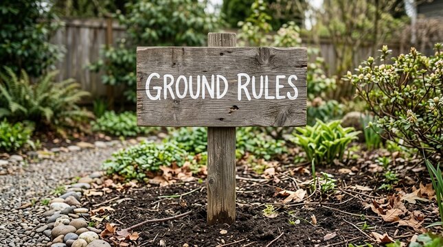 Weathered wood board ground rules sign with white paint lettering in a garden setting