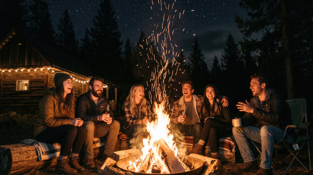Friends laughing bonfire campfire group night forest cabin firelight outdoor spark flame camping woodland campsite evening people adult woman man joy smile social friendship gathering leisure