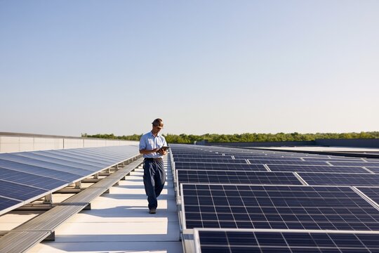 Solar energy engineer inspecting commercial rooftop photovoltaic installation, monitoring system performance and renewable energy production