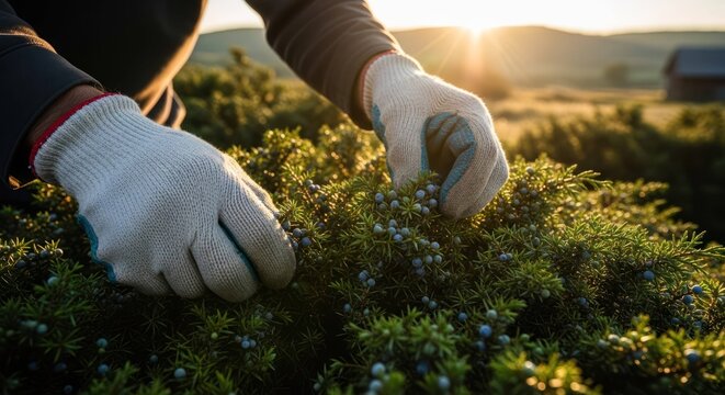 Harvesting juniper berries outdoors at sunrise. Close-up on bush.