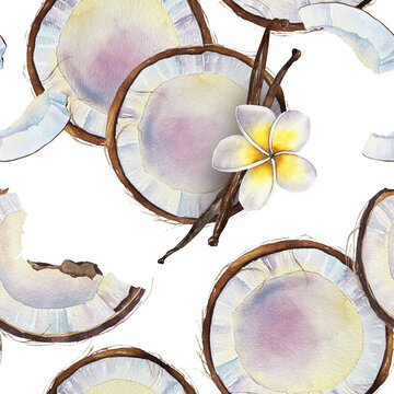 Watercolor seamless pattern with coconut, plumeria and vanilla in tropical botanical style. Illustration for packaging, cosmetics, textile, fragrance, candle and summer decor.