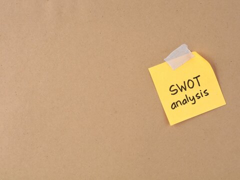 Handwritten SWOT analysis concept on yellow adhesive note taped on brown cardboard surface. Ideal for business strategic planning, marketing assessment, risk evaluation, and corporate decision making