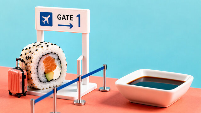 Sushi roll at airport gate with soy sauce and suitcase as travel food concept