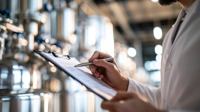 Cropped view of a technician checking industrial processing equipment in a bright stainless steel food production facility face out of frame bright food factory inspection