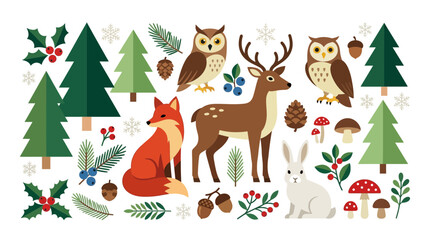 Naklejka premium Winter forest animal and plant vector collection set