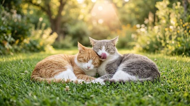 Two cats cuddle in a green garden. One cat licks the head of the other. Sunlight shines through the trees. The grass is soft and bright