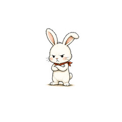 Fototapeta premium Cute and funny illustration of an angry white rabbit with folded arms isolated on white background