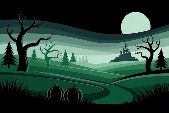 Spooky landscape with a full moon and silhouetted trees on a misty night