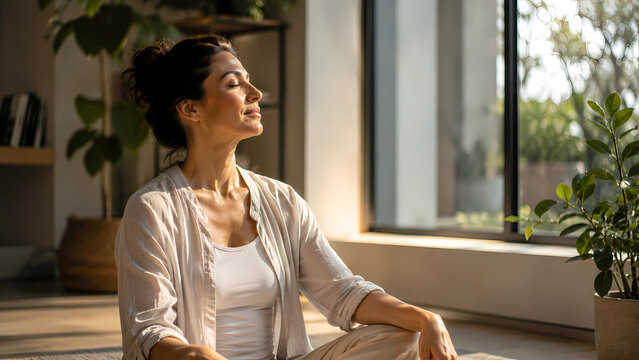 Calm professional woman practicing mindfulness beside a large window in a peaceful modern home, surrounded by natural light and indoor plants. The image represents women's mental wellness, stress mana