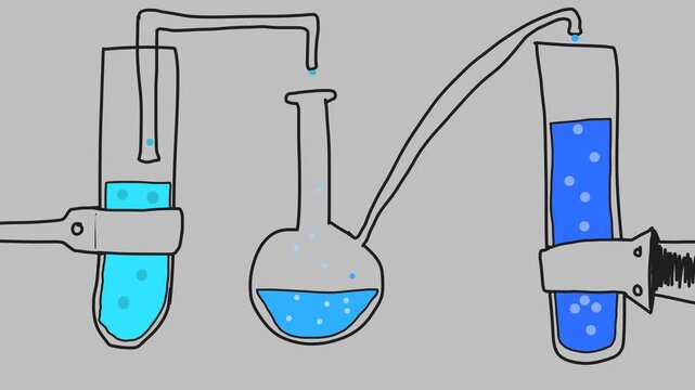 laboratory distillation process, liquid being heated and evaporated in a flask, vapor rising through a glass tube, vapor flowing into a condenser, vapor cooling and condensing into liquid