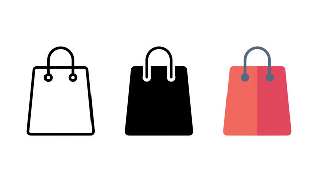 Set of shopping bag icons in outline, solid and flat styles vector illustration of a shopping bag for ecommerce and retail design
