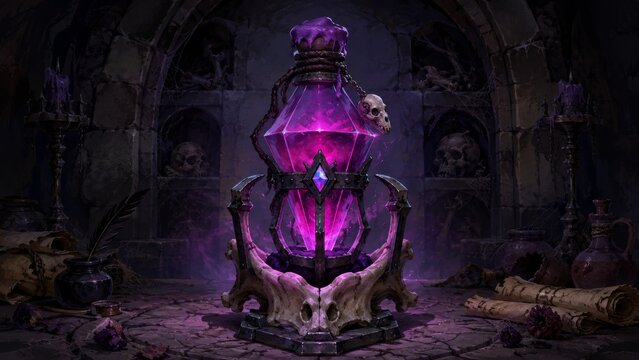 An amethyst crystal and abyssal iron flask containing a luminescent magenta fluid capable of granting ethereal form and intangibility.