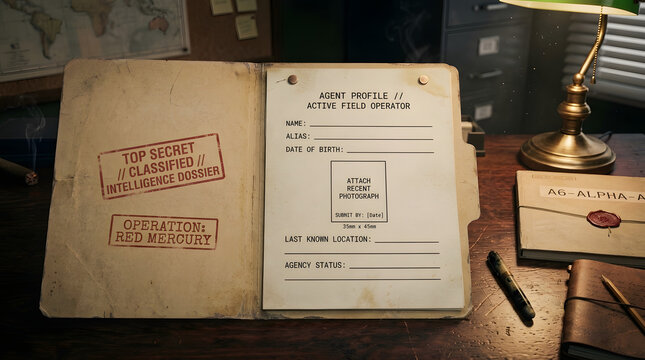 Top Secret Intelligence Dossier and Spy Profile on Vintage Desk