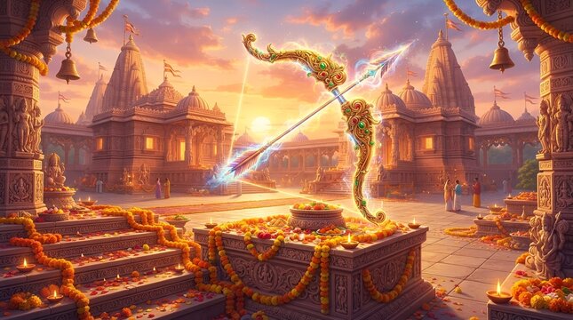 Dussehra Celebration with Golden Bow and Arrow, Radiant Victory Light, Sacred Marigold Flowers, and Royal Temple Ornaments under a Glowing Autumn Sky