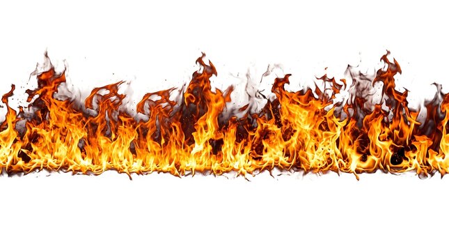 A vibrant horizontal border of intense orange and yellow flames isolated on white for a spooky happy halloween design project