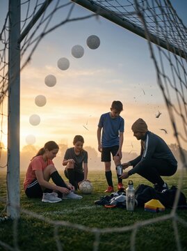 Young athletes preparing for soccer practice at sunset near goalpost in field