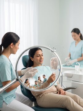 Woman receiving dental care from professional in clinic setting with modern equipment