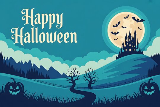 Spooky halloween landscape with a haunted castle silhouetted against a full moon
