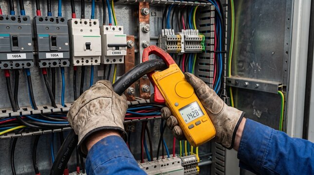 Industrial clamp meter testing electrical panel, electrician measuring current in power box
