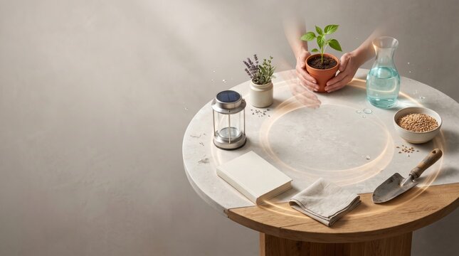 Workspace with potted plant and gardening tools on wooden table at home