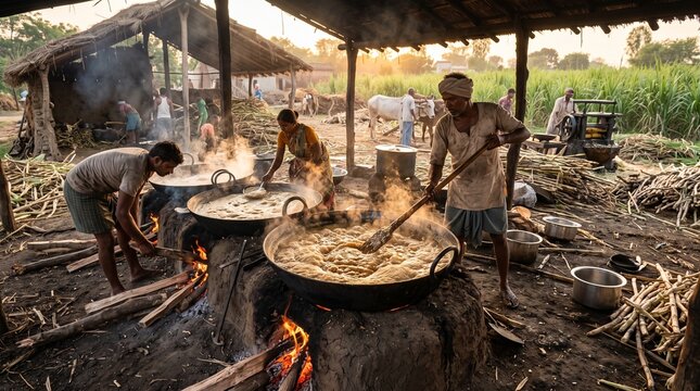 Rural Indian workers boiling sugarcane juice in large iron cauldrons over open fire pits to produce traditional jaggery