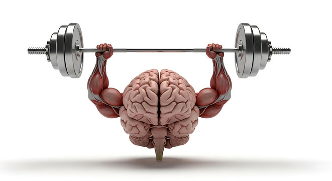 Brain with muscular arms lifts a heavy barbell to represent mental strength.