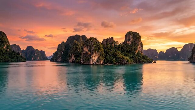 Sun sets over the calm waters of Halong Bay in Vietnam. The sky changes colors as the sun sinks behind the hills and islands. People enjoy the view on boats nearby