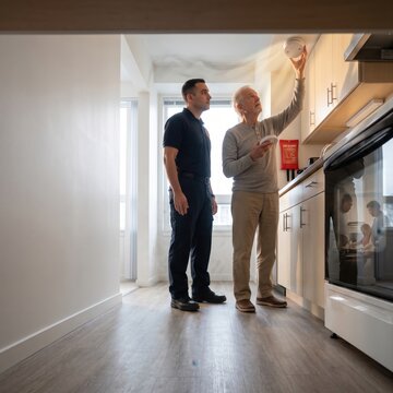 Young man assisting elderly man in a modern kitchen during a conversation