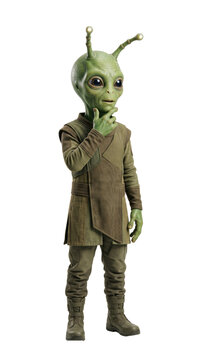 Smart green alien character standing in brown suit and thinking isolated on transparent background