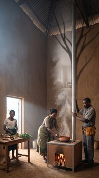 Community cooking together in a traditional kitchen environment with wood stove