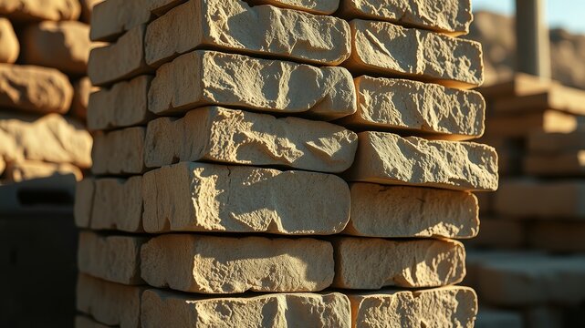 A Close-Up View of a Stack of Rough-Cut Bricks, Showing the Natural Texture and Irregular Shapes of the Stone