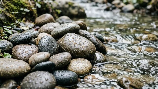 Water droplets gather on stones beside a flowing stream in a forest. The sound of water can be heard as it moves gently over the rocks. The area is green and natural